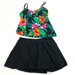 SlimShaper 2 Piece Skirt Tankini Floral Hibiscus Swimsuit